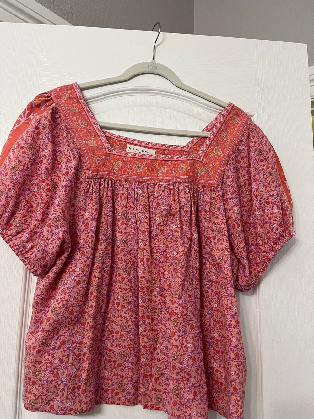 Lucky Brand Rose-Pink Floral Square Neck Peasant Top